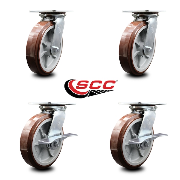 8 Inch Polyurethane Swivel Caster Set With Roller Bearings 2 Brakes SCC